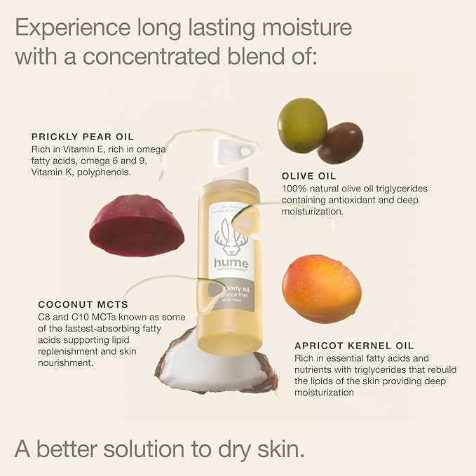 HUME SUPERNATURAL Dry Body Oil Spray - Moisturizing Oil for Dry Skin, After Shower Body Oils for Women and Men, Oil Body Spray, Nourishing, Hydration, Glow, Probiotic, Fragrance Free, 1 Pack
