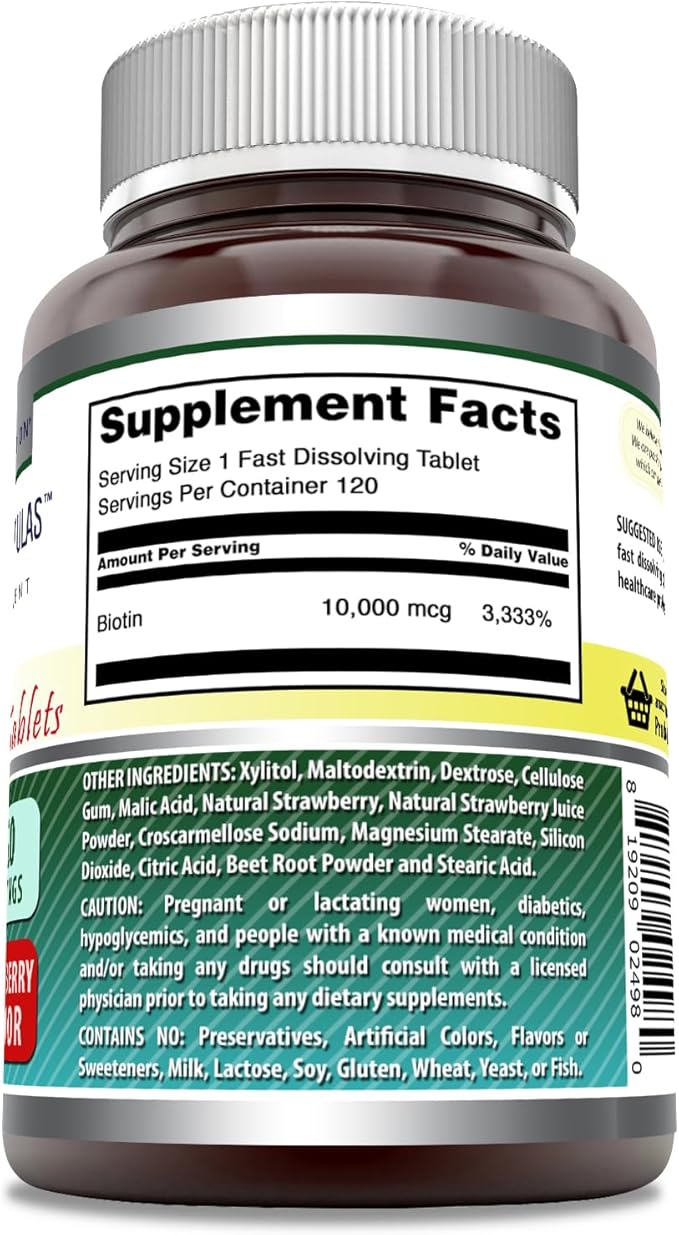 Amazing Formulas Biotin Fast Dissolve 10000 mcg Tablets Supplement | Strawberry Flavor | Vitamin B7 | Non-GMO | Gluten Free | Made in USA (120 Count)