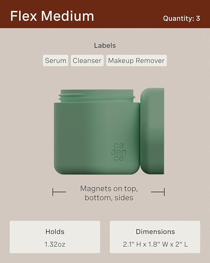 Cadence Travel Containers - Core Skincare Set - Magnetic Travel Capsules - 2 Small (0.56oz) & 3 Medium Capsules (1.32oz) with Cleanser, Moisturizer, Serum, Makeup Remover & Sun-Icon Label - Evergreen
