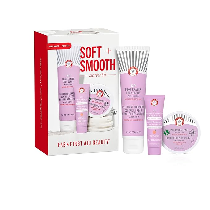 First Aid Beauty Soft + Smooth Starter Body Kit: KP Bump Eraser Body Scrub, 4 oz, Smoothing + Brightening Lotion (Peach), 1oz, & Ingrown Hair Pads, 28 Pads, Exfoliation & Hydrating Skin Care Set, 3ct
