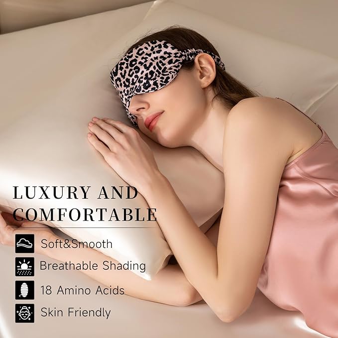 THXSILK Sleep Mask 100% 19 Momme Pure Mulberry Silk Super Smooth Cooling Decorative Sleep Eye Mask Blackout Eye Cover with Wide Head Strap, Leopard-Pink