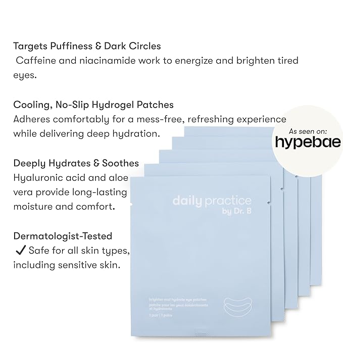 Dr. B Brighten and Hydrate Eye Patches – Hydrogel Under Eye Masks, Cooling Effect for Puffiness, Dark Circles, and Tired Eyes – Dermatologist-Tested, Travel-Friendly, Safe for Sensitive Skin - 1 Count