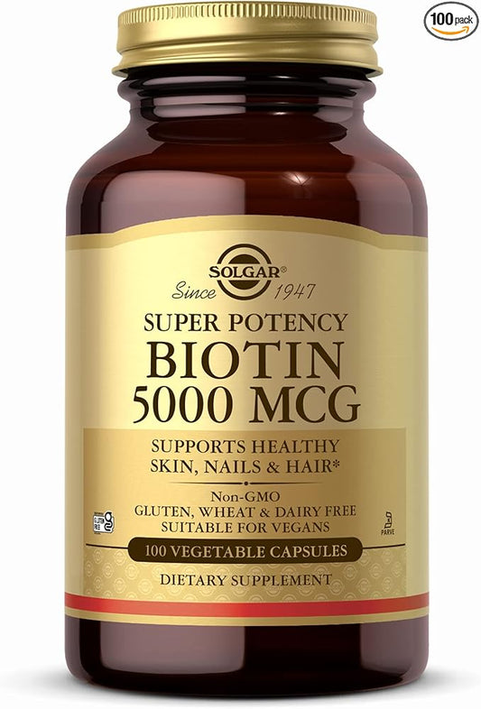 SOLGAR Biotin 5000 mcg - 100 Vegetable Capsules - Supports Healthy Skin, Nails & Hair - Non-GMO, Vegan, Gluten Free, Dairy Free, Kosher - 100 Servings