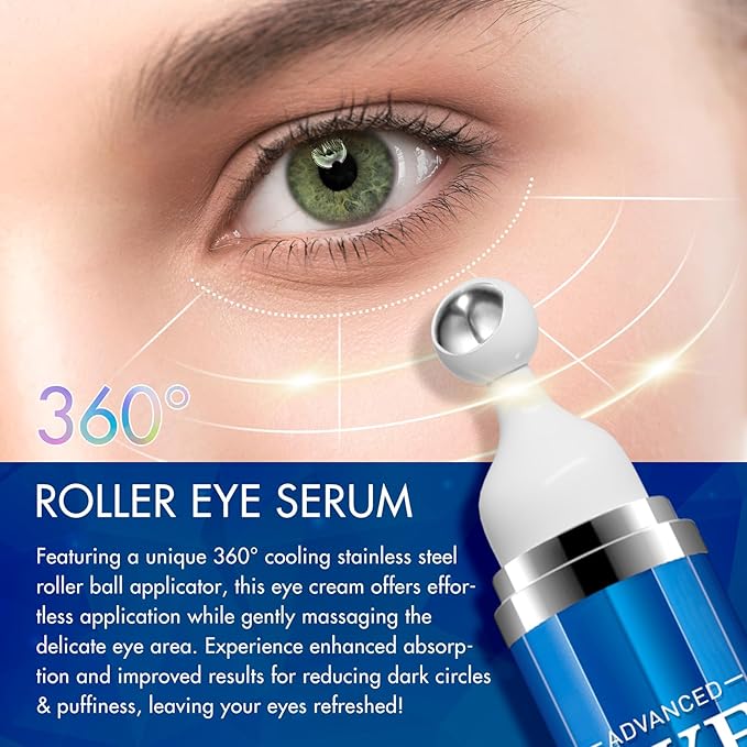 Eye Serum for Dark Circles and Puffiness - 5% Caffeine Under Eye Cream Anti Aging, with Retinol Hyaluronic Acid Niacinamide, Eye Serum for Eye Bags with 360° Eye Roller Ball for Women & Men
