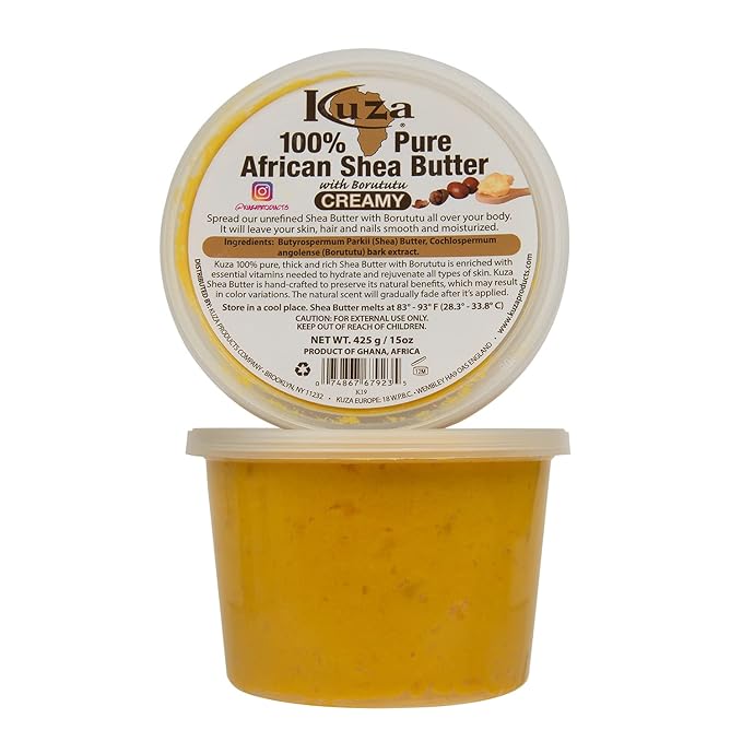 Kuza 100% African Shea Butter with Borututu - Creamy, Yellow - for Skin, Hair and Nails, 15 oz