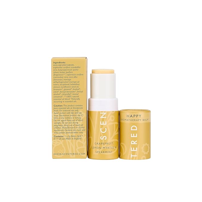 Scentered Aromatherapy Balm Stick - Happy - Mood Boost Roll On Essential Oils Blend for Positive Thinking - 100% Natural: Grapefruit, Cedarwood, Lemon Myrtle Essential Oil - Positive Gifts for Women
