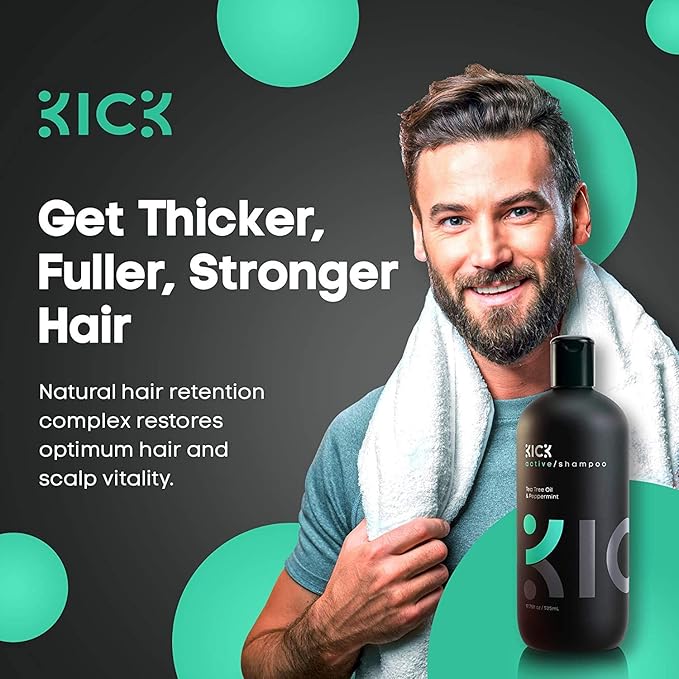 Kick Mens Shampoo - Peppermint & Tea Tree for Oil Control - Sulfate-Free, Refreshing Formula - Anti-Dandruff and Scalp Soothing - Shampoo for Oily Hair - Cruelty-Free - 17oz