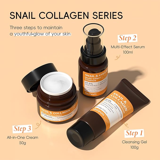 All About Snail Mucin Kit Korean Skin Care Set, Collagen Skincare Gift Set Hydrating & Lifting Skin, Snail Skin Care Products Set Cleanser, Serum, Cream, Facial Kit for Women and Men Anti-Aging 3Pcs