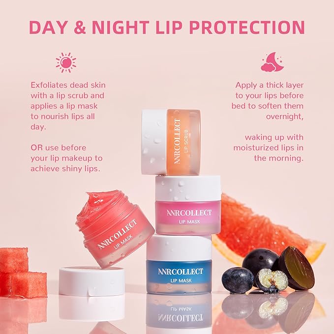 Lip Mask Set, 1 Lip Scrub +3 Overnight Lip Mask, Lip Glowy Balm and Scrub for Women, Exfoliating and Hydrating Dry, Chapped, Crack Lips, 4 Pack Lip Skincare Gift Set