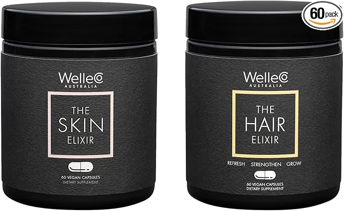 WelleCo, The Skin Elixir + The Hair Elixir, Vegan Beauty Supplements Bundle, Promotes Hair Growth & Reduces Breakage, Supports Healthy Skin & Collagen Formation, 60 Capsules Each