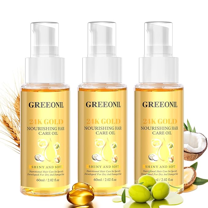 Olive Oil Serum for Frizz Control, Hair Repair Serum,24K Gold Argan Oil Coconut Oil Olive Oil and Vitamin E for Split Ends Hair Treatment, Add Shine, 3 Pack