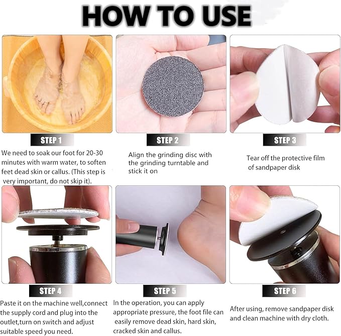 Electronic Foot File Grinder (Speed Adjustable) with 60pcs Replacement Sandpaper Disk，Electric Foot Scrubber Dead Skin Remover，for Feet Hard Cracked Dry Dead Skin Exfoliation，Unisex（Black）