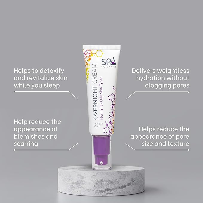 SPA SCIENCES - Overnight Cream For Normal to Oily Skin Types - Made in the USA- Hydrating Formula - With Niacinamide, Melatonin and Antioxidants - Revitalize, Calm, Nourish -Vegan-Non-acnegenic-1.8oz