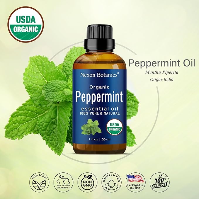 Organic Peppermint Essential Oil 30 ml - Pure Natural Mint Oil for Aromatherapy, Diffusers, Hair & Skin Care - Undiluted Menthol - Nexon Botanics