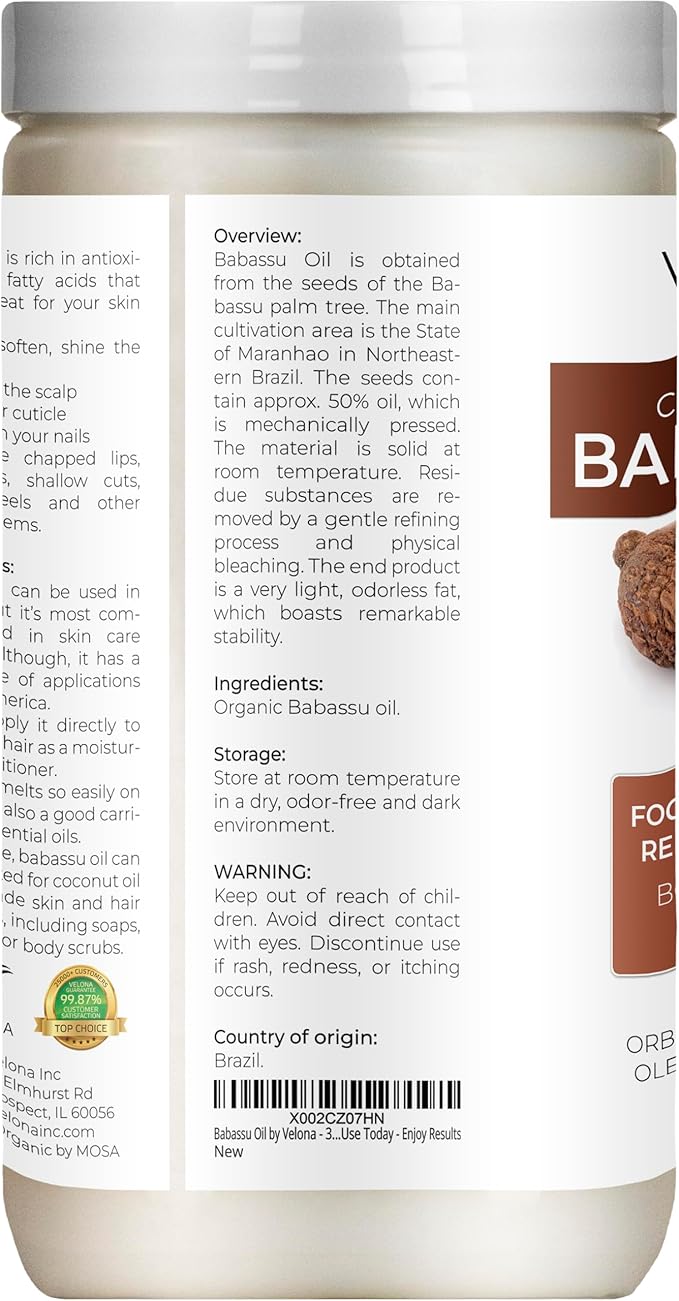 velona Babassu Oil USDA Certified Organic - 64 Fl Oz | 100% Pure and Natural Carrier Oil | Refined, Cold Pressed