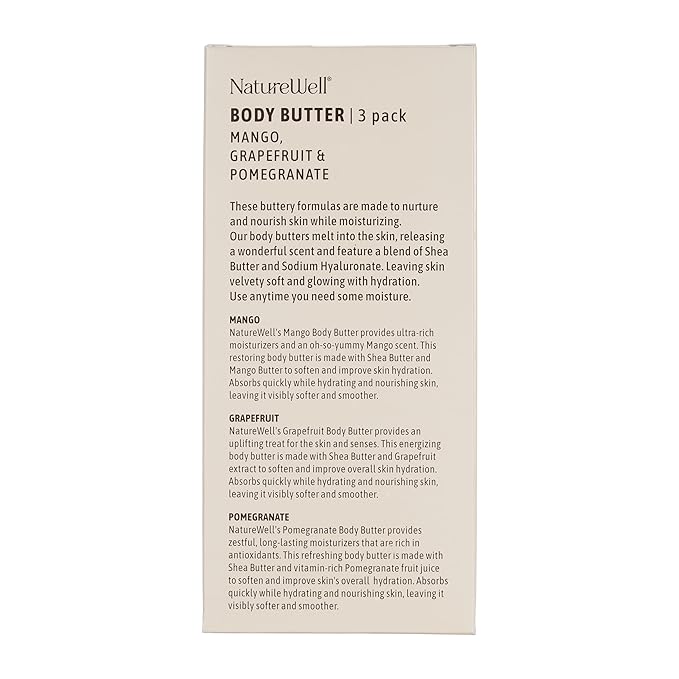 NATURE WELL Shea Body Butter Variety Pack, Includes Grapefruit, Mango, & Pomegranate, Provides Ultimate Nourishment & Hydration, 3 Pack (8 Ounces Each)