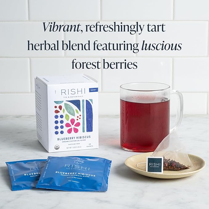 Rishi Tea Blueberry Hibiscus Herbal Tea - Organic, Caffeine Free Sachet Bags, Sweet & Tangy with Antioxidants, Enjoy Hot or Iced - 15 Count (Pack of 1)