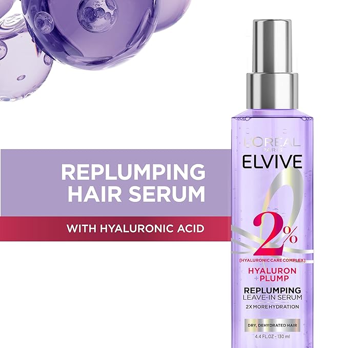L'Oreal Paris Elvive Hyaluron Plump Moisture Plump Hair Serum for Dehydrated, Dry Hair with Hyaluronic Acid Care Complex, Paraben-Free, 4.4 Fl Oz