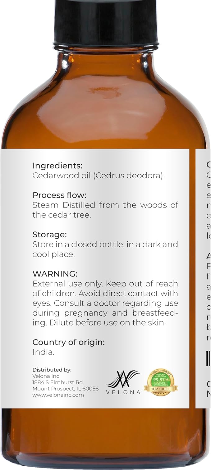 velona Cedarwood Essential Oil 4 Fl Oz | Therapeutic Grade 100% Pure and Natural | for Aromatherapy Diffuser, Massage, Skincare, Haircare, Soapmaking