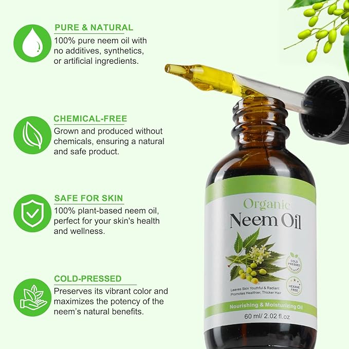 Neem Oil for Skin – 100% Natural Cold Pressed Neem Oil - for Face, Skin Care, Hair Care, Scalp Massage & Body Massage，Hair Growth, Acne, Anti-Aging Moisturizer (2.02 Fl Oz)