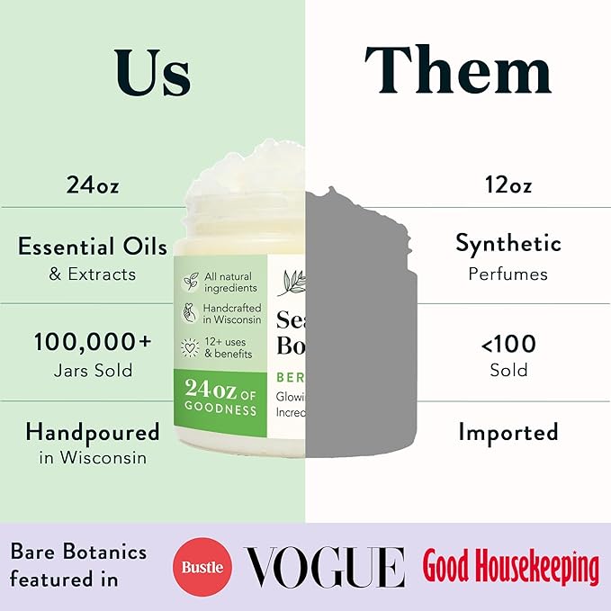 Bare Botanics Bergamot Mint Body Scrub 24oz | Made in Madison, WI | All Natural Sea Salt Exfoliator w/ Skin Loving Moisturizers | Vegan & Cruelty Free | Gift Ready Packaging w/ a Cute Wooden Spoon