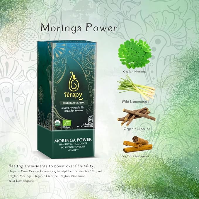 Térapy Ceylon Organic MORINGA TEA | USDA Organic Herbal Tea Bags| Helps with Vitality & Antioxidants | 100% Natural Ayurvedic Ingredients | 20 Individually Wrapped Tea Bags