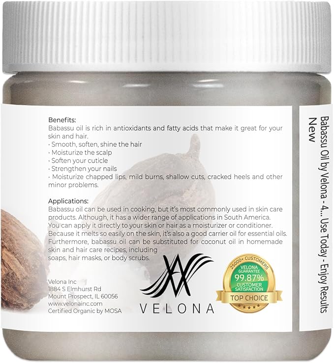 velona Babassu Oil USDA Certified Organic - 4 Fl Oz | 100% Pure and Natural Carrier Oil | Refined, Cold Pressed | Face, Hair, Body & Skin Care and Cooking | Use Today - Enjoy Results