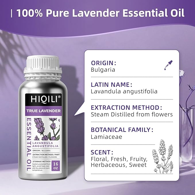 HIQILI 16 Ounces Lavender Essential Oil Pure, 100% Natural for Aromatherapy Diffuser, Skin Care, Hair, Includes Premium Glass Dropper-16 Fl Oz