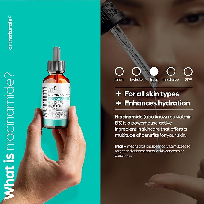 Artnaturals Niacinamide Face Serum, 10% Active Niacinamide with 1% Zinc PCA & Vitamin B3 - Hyaluronic Acid, Pore Reducer, Mineral Blemish Protection, 1 oz