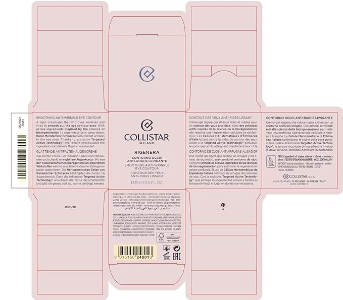 Collistar Rigenera Smoothing Anti Wrinkle Eye Contour 15 ml, 0.5 Fl Oz Made in Italy [italian import]