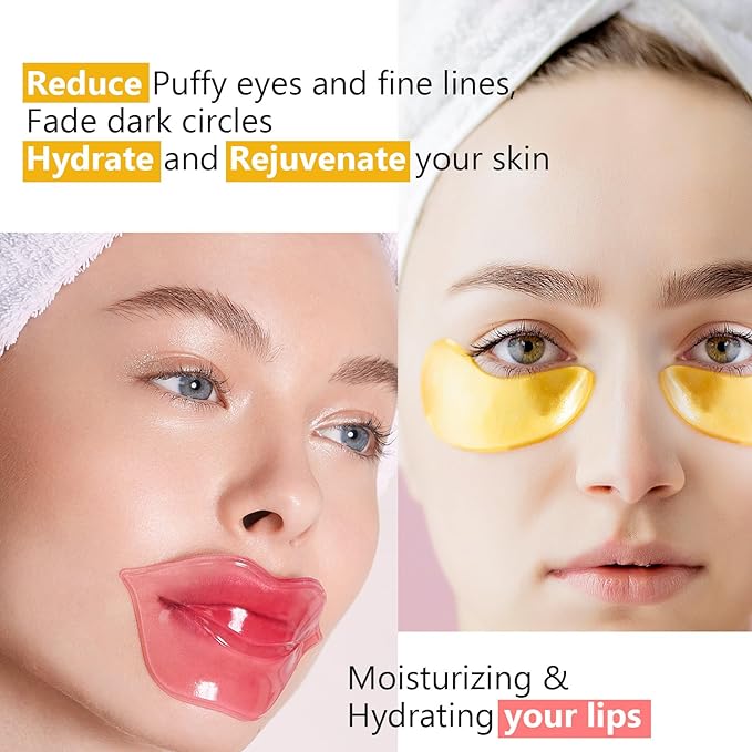 Permotary 15 Pairs Collagen Eye Mask and 15 Pcs Mositurizing Lip Mask, Under Eye Patches and Lip Pads, Crystal Patches Set for Wrinkles, Moisturizing, Reducing Fine Lines & Dark Circles