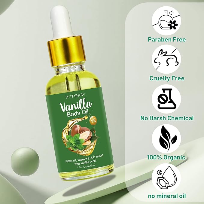 3 Pack Vanilla Body Oil Scented, Jojoba Oil and Vitamin E & C Infused Body Oils for Women after Shower, Highly Moisturize and Rejuvenate, Easily Absorb, Travel Size 1.01 fl.oz/30 ml