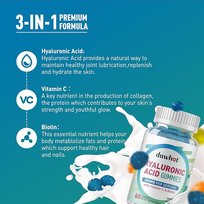 Hyaluronic Acid Gummies, Hyaluronic Acid Supplements Gummies, Hyaluronic Acid with Vitamin C & Biotin 5000mcg for Hair Skin Nails Gummies, 60 Chews