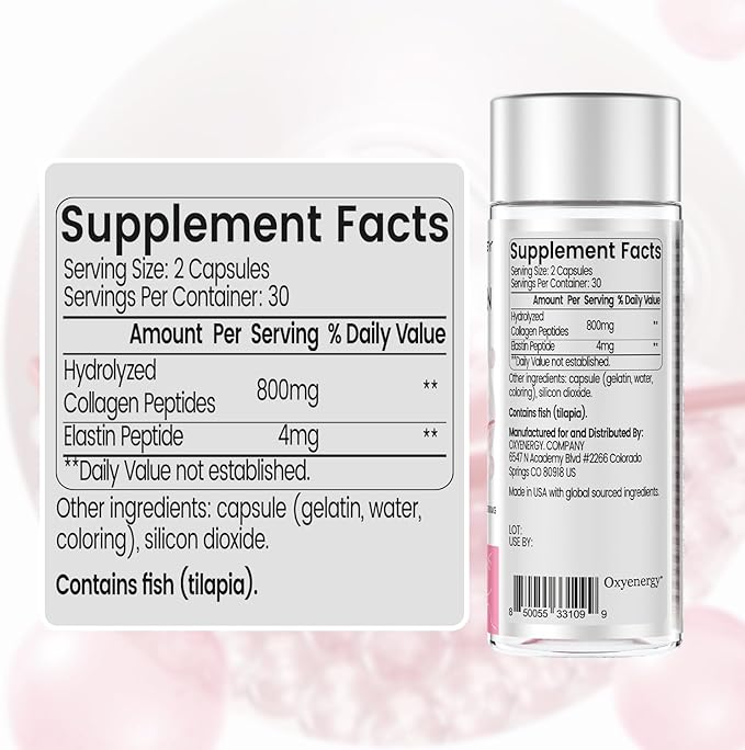 OxyEnergy Collagen Peptides Capsules for Women, 800mg Hydrolyzed Collagen(Types I) Supplements with Elastin Peptides, 60 Collagen Pills to Promotes Hair, Nail, Skin, Colágeno en Capsulas