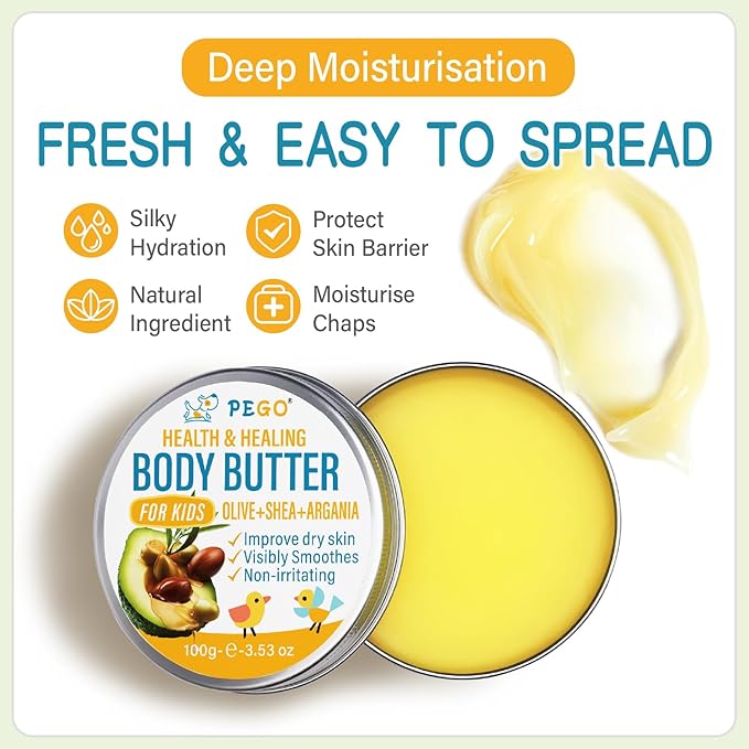 AOAO Body Butter for Kids - Prevents Cracked Skin Cream, Nourishing Moisturizing Kids Body Lotion - Shea Butter & Vitamin E Rich Formula, Paraben, Phenoxyethanol Free, 3.53 Oz/100g