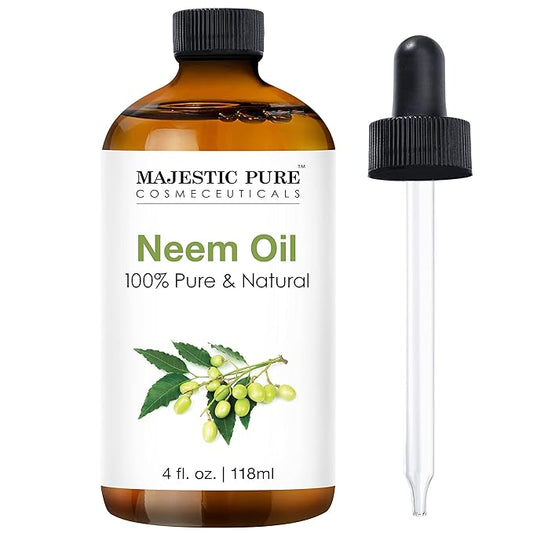 Majestic Pure Neem Oil for Plants Spray and Essential Oils Mixing, 100% Pure Cold Pressed, Great for Skin/Hair Care, Massage Oil, Nails, Acne & Moisturizer for Dry Skin, 4 Fl Oz