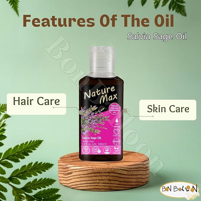 Nature Max Marmaria Salvia Sage Oil Natural Undiluted Pure For Hair & Skin Care Cold Pressed Egyptian Egypt Arab Arabic Arabian Herbal Herb Herbs Kosher Halal (1Pack = 3.38 oz / 100 ml) زيت المرمرية