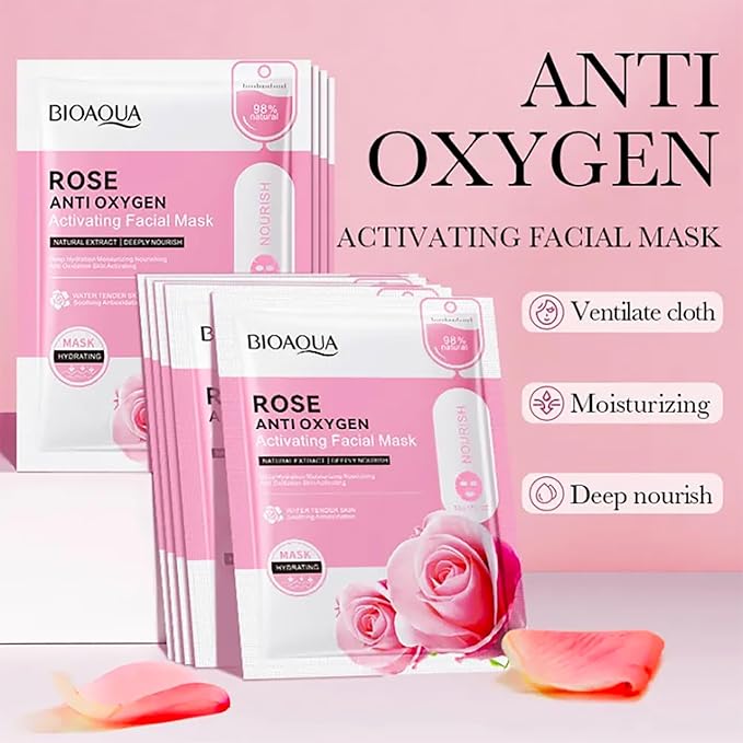 BIOAQUA Facial Mask Firming Deeply Nourish Moisturizing 98% Natural Extract Hydrating Face Mask 5PCS Set (Rose Extract (Anti-Oxygen))