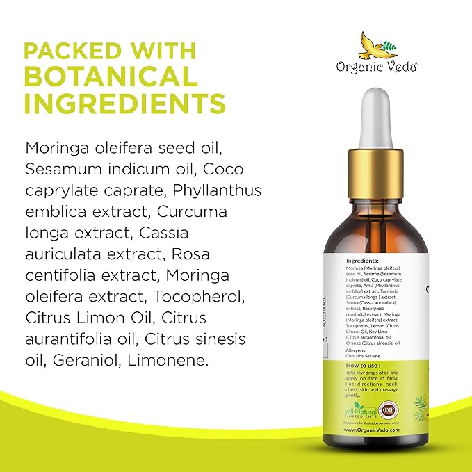 Organic Veda Moringa Face Oil - Hydrating, Fast Absorbing, Miracle Tree Antioxidants, Facial Serum - Organic Moringa Oil, Turmeric, Rose -Anti-Aging, Non-Greasy Day & Night Beautifying Oil -50ml