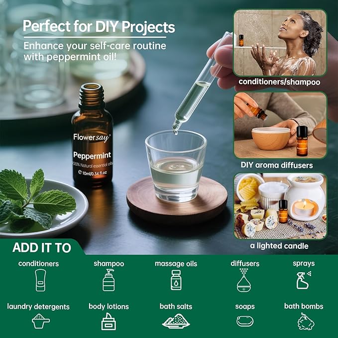100% Pure Peppermint Essential Oil – Cooling Mint Aroma for Diffuser, Hair & Skin,Natural Mint Oil for Face, Body & Self-Care,0.34 Fl Oz for Aromatherapy & DIY Candles,USDA Certified Organic