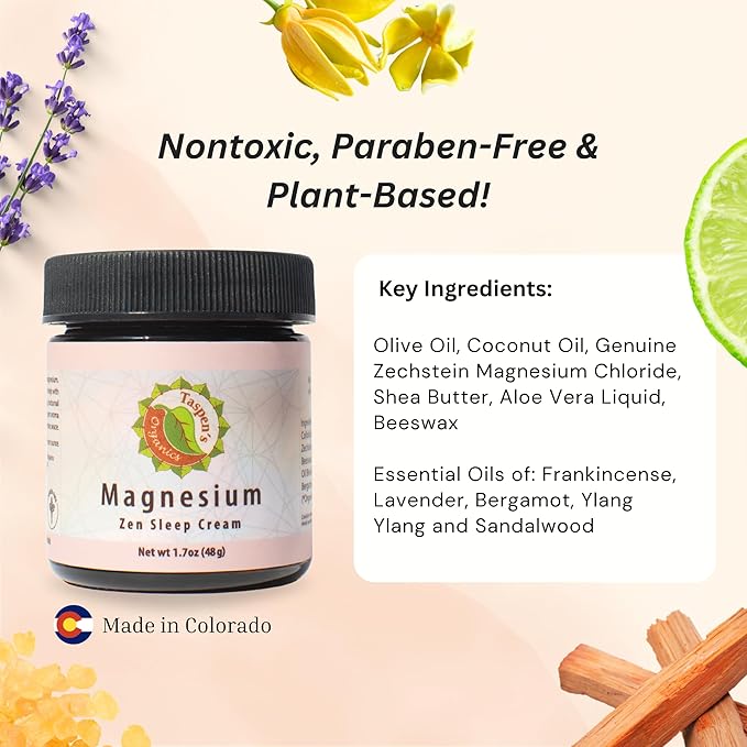 Taspen's Organics Magnesium Zen Sleep Cream with Organic Ingredients - Natural Sleep & Relaxation Formula - Moisturizing Formula- Cruelty-Free (1.7 oz)