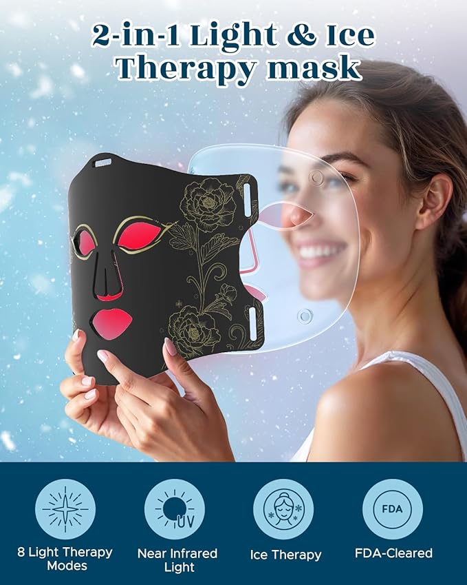Red Light Therapy Mask for Face with Ice Compress, 7 Colors LED Face Mask Light Therapy with Near-Infrared 850nm, Anti-Aging Treatment at Home with Remote, 260 LEDs, Black Rose