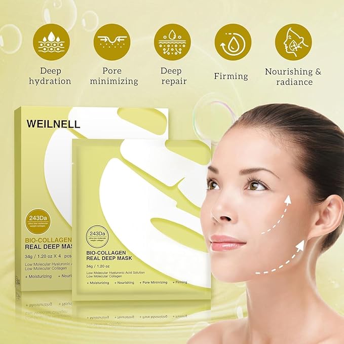 Bio-Collagen Overnight Collagen Face Mask, Deep Collagen Anti-Wrinkle Lifting Glass Glow Face Mask for Moisturizing, Firming, Glowing Skin Care, Bio Collagen Sheet Mask for All Skin Types, 17 Packs