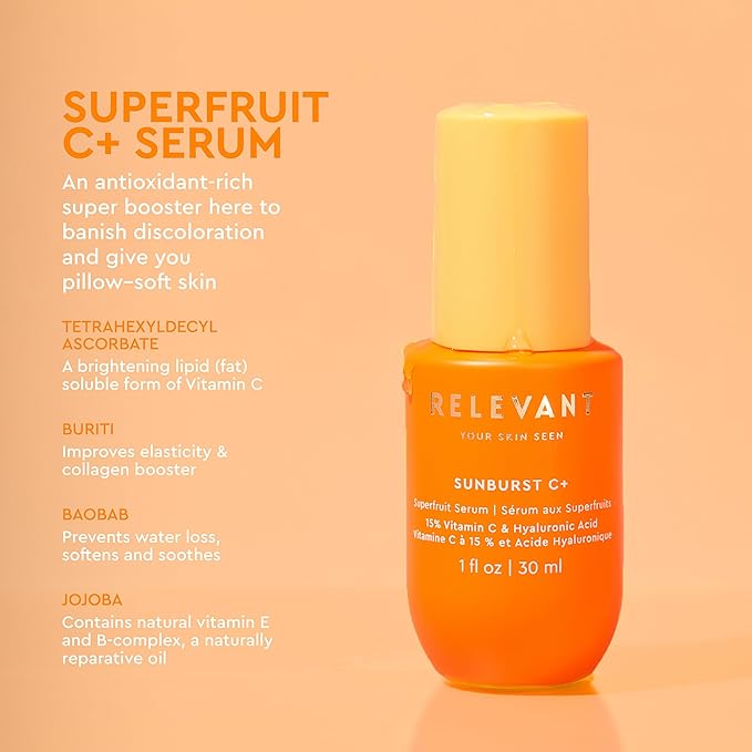 RELEVANT Sunburst C+ Vitamin C Serum for Face - Skin Brightening Face Serum with Vitamin C, Vitamin E Oil, Jojoba Oil & More - Skin Care Serum for Dark Spots, Even Skin Tone, Fine Lines & Wrinkles