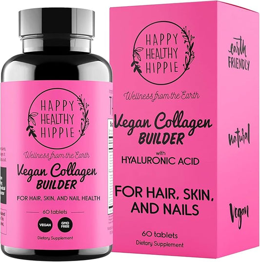 Vegan Collagen Builder w/ Hyaluronic Acid – Hair Skin and Nails Vitamins for Youthful Glow | Keratin & Elastin Booster | Bones, Cartilage, Tendons | Vitamin A, L-Lysine | Vegetarian | Non-GMO, 60 Ct