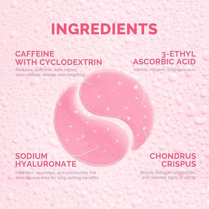 Under Eye Patches for Puffiness and Dark Circles: Caffeine Gel Masks for Undereye Wrinkles Bags - Instant Moisturizing Brightening Skincare Pads - Gift for Women Mom Wife - 30 Pairs (Rose)