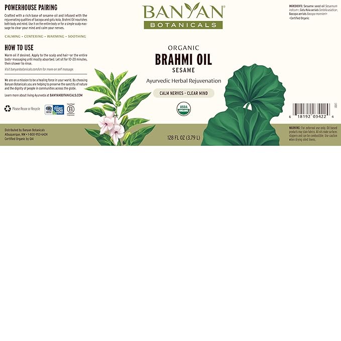 Banyan Botanicals Brahmi Oil with Sesame – Organic Ayurvedic Massage Oil with Gotu Kola & Bacopa ­­– Calming Massage Oil for Focus & Relaxation – 128 oz – Non GMO Sustainably Sourced Abhyanga Oil