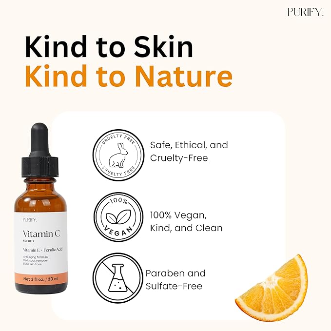 Purify 20% Vitamin C Serum - with Vitamin E & Ferulic Acid - Anti Aging - Brightening Face Serum - Pure Vit C for Dark Spots Correcting, Uneven Skin Tone, Wrinkles, Glow - 1 fl oz.