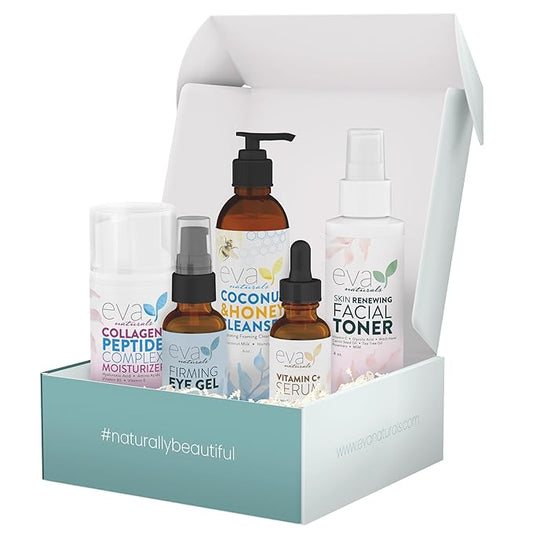 Eva Naturals Rejuvenating Skin Care Set - Exfoliate, Replenish & Moisturize With Vitamin C Plus Serum, Bee Clean Cleanser, Eye Gel, Face Moisturizer & Toner - Perfect Facial Cleanser Bundle