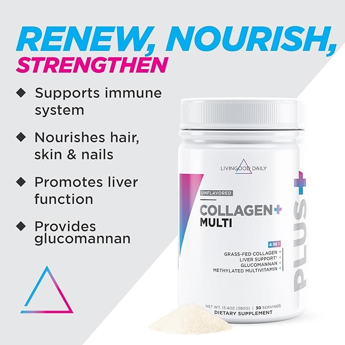 Livingood Daily Collagen Powder for Women & Men (Unflavored) - Grass-Fed Hydrolyzed Collagen Peptides, Protein & Multivitamins for Healthy Hair, Skin & Nails - Keto & Paleo, Gluten Free - 30 Servings